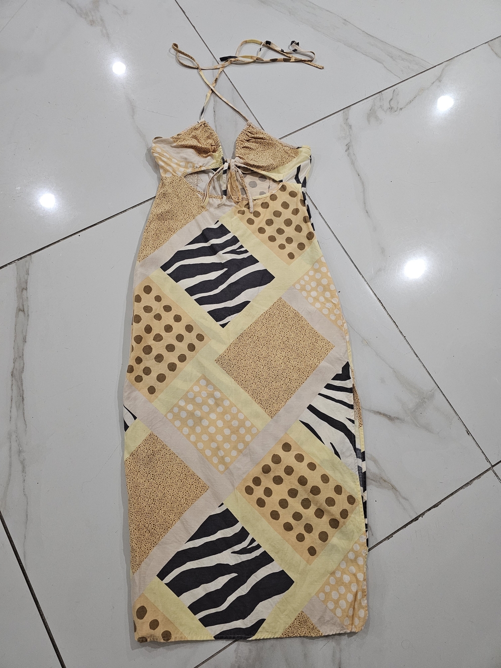 Forever 21 Beige, Black and Yellow Patchwork Halter Midi Dress